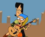 bandanna blonde_hair blue_eyes cartoon_network cowboy_boots duo guitar hourglass_figure huge_breasts kerchief light-skinned_female lindsay_(tdi) long_blonde_hair long_hair striped_hair thick_ass thick_legs thick_thighs total_drama_island trent_(tdi) two_tone_hair wasp_waist