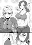  2girls black_hair blush bodysuit breasts cleavage clothes_writing comic crossover drooling frown half-closed_eyes heavy_breathing highres large_breasts long_hair metroid midriff monochrome multiple_girls muscle navel nintendo nouskjp payot ponytail saliva saliva_swap saliva_trail samus_aran shoushiya_biachika sidelocks skin_tight slender_waist smile sports_bra super_smash_bros. sweat tank_top tears tight_pants toned tongue trainer_(wii_fit) weapon white_skin wii wii_fit wii_fit_trainer yuri zero_suit 