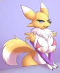  1girl 1girl absurd_res an-tonio anthro big_breasts black_sclera bottomless breasts canid canine clothed clothing digimon digimon_(species) fur furry high_res huge_breasts looking_at_viewer mammal nipples nude open_mouth renamon simple_background white_body white_fur yellow_body yellow_fur 