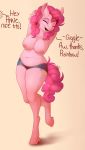  1girl 1girl 2016 absurd_res anthro anthrofied areola armpits arms_above_head big_breasts breasts clothing dialogue english_text equine evehly friendship_is_magic furry hair hands_behind_back high_res horse mammal muffin_top my_little_pony nipples pink_hair pinkie_pie_(mlp) pony pose shorts slightly_chubby smile text 