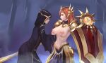  2_girls 5:3_aspect_ratio armor armored_dress azto_dio breast_grab breasts brown_eyes dress extremely_large_filesize headgear league_of_legends leona_(league_of_legends) orange_hair pauldron shield sword topless very_high_resolution weapon 