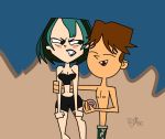 black_eyes black_hair blush breasts cartoon_network closed_eyes cody_(tdi) dyed_hair goth green_hair green_lipstick gwen_(tdi) hourglass_figure navel pale-skinned_female thick_ass thick_legs thick_thighs total_drama_island two_tone_hair wasp_waist
