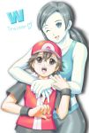 1girl baseball_cap black_hair blue_eyes breasts brown_hair hat height_difference hood hoodie hug hug_from_behind long_hair looking_at_viewer looking_up midriff nintendo one_eye_closed pokemon ponytail raishi_tsuwabuki red_(pokemon) red_(pokemon)_(remake) smile spandex super_smash_bros. tank_top trainer_(wii_fit) white_skin wii wii_fit wii_fit_trainer wink wristband 