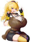  1girl big_breasts breasts clothed_female female_focus female_only goggles_around_neck huge_breasts long_hair odakubara ponytail rwby sitting smiling_at_viewer solo_female solo_focus yang_xiao_long 