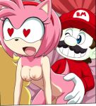  1boy 1girl amy_rose amy_rose_(classic) blue_eyes bonmario brown_hair female girl_on_top heart_eyes hetero male male/female mario mario_(series) mario_bros nude nude_female reverse_cowgirl_position sega sonic_(series) sonic_the_hedgehog_(series) super_mario_bros. white_gloves white_skin 