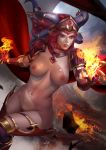  1girl absurd_res alexstrasza armor breast dragon flame high_res human_form pubic_hair red_eyes red_hair sweat warcraft world_of_warcraft zumi_(artist) 