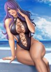  1girl alluring artist_name big_breasts breasts camilla camilla_(fire_emblem) caucasian crossed_legs fire_emblem flowerxl hair_over_one_eye hips legs_crossed long_hair looking_at_viewer mostly_nude nintendo outside purple_eyes purple_hair sitting sling_bikini thick_thighs 