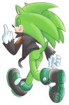  5_fingers ass big big_feet black_eyes black_nose blue_eyes butt clothing fakerface fire footwear fur gloves green_fur half-dressed half_nude happy hedgehog jacket japanese looking_at_viewer male middle_finger plain_background pointy_ears presenting presenting_hindquarters quills raised_arm rodent scourge_the_hedgehog sega shadow sharp_teeth shiny shoes skin smile solo sonic_(series) teeth video_games walking white_background white_eyes zipper 