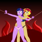  2_girls 2girls bondage bra breasts equestria_girls female female_only friendship_is_magic long_hair mostly_nude multiple_girls my_little_pony nipples panties side-tie_panties standing sunset_shimmer sunset_shimmer_(eg) thigh_gap tied topless twilight_sparkle twilight_sparkle_(mlp) underwear 