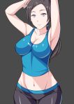  1girl alternate_color armpits arms_up big_breasts black_background black_hair breasts cleavage clothes_writing grey_hair groin hai_ookami impossible_clothes large_breasts long_hair midriff mound_of_venus navel pale_skin ponytail purple_eyes simple_background smile solo spandex super_smash_bros. tank_top trainer_(wii_fit) wide_hips wii_fit wii_fit_trainer 