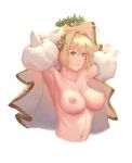  1girl ahoge armpits arms_behind_head arms_up big_breasts bigrbear blonde_hair breasts clothing detached_sleeves elbow_gloves fate/grand_order fate_(series) gloves green_eyes high_resolution looking_at_viewer navel nero_claudius_(bride) nero_claudius_(fate) nude upper_body veil white_gloves 