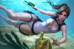 1girl alternate_breast_size artist_name breasts brown_eyes brown_hair curvy diving diving_suit female_only grin gun harpoon hips holding_weapon human lara_croft medium_breasts michelle_hoefener patreon pink_lips pinup reaching reaching_out signature smile swimming text thick thick_thighs thighs tomb_raider underwater unzipped url water watermark weapon wetsuit white_clothing wide_hips zipper zipper_pull_tab