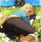  1girl 1girl 1girl ass big_ass big_breasts blonde_hair breasts breath_of_the_wild cameltoe clothed clothed_female day detailed_background elf_ears female_focus female_only flowers green_eyes letdie1414 long_hair looking_at_viewer looking_back nature nintendo princess_zelda solo_female solo_focus the_legend_of_zelda tight_clothing tree zelda_(breath_of_the_wild) 