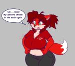 anthro big_breasts breasts button_pop canine clothing fox fur furry goblinhordestudios green_eyes grey_background hair mammal midriff navel original red_fur red_hair simple_background speech_bubble tight_clothing vicki_valentine voluptuous wide_hips