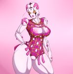  1girl areola_slip artist_signature big_breasts breasts exposed_breasts exposed_pussy hb-viper humanoid jojo&#039;s_bizarre_adventure nipple_bulge pale_skin pink_areola pink_background pink_clothing pink_lipstick pussy spice_girl thick_thighs voluptuous yellow_sclera 