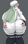  1girl ass ass_focus ass_grab back bent_over big_ass big_breasts blue_eyes bracelet chubby clothed clothes dress earrings eye_contact eyelashes female_only gloves green_hair grey_background half-closed_eyes hat huge_ass huge_breasts human human_only large_ass long_hair looking_at_viewer melony_(pokemon) milf nintendo pokemon pokemon_ss pose ring sketch smile source_request standing thick_thighs thigh_gap white_dress wide_hips 