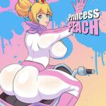  1girl ass big_ass big_breasts blonde_hair blue_eyes breasts bubble_butt crown extra_thicc jay-marvel mario_(series) mario_kart motorcycle neckerchief pinned_to_wall princess_peach sideboob super_mario_bros. thick_thighs 