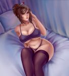  1_girl 1girl alluring artist_name asian bed big_breasts blizzard_entertainment bra breasts brunette curvy female female_only green_eyes hair_bun hairpin hips huge_breasts indoors looking_at_viewer mei-ling_zhou mei_(overwatch) mostly_nude navel overwatch panties revealing_clothes ryoroy sexy sitting slut solo stockings stomach thick thick_thighs wide_hips 