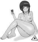  1girl 1girl 1girl bangs blunt_bangs blush breasts clavicle cleft_of_venus completely_nude condom condom_wrapper donburikazoku fingernails gloves greyscale high_resolution holding holding_condom jack_plug jirou_kyouka legs_together medium_breasts monochrome my_hero_academia nude pussy short_hair simple_background sitting soles thighs toenails toes uncensored white_background 