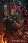 1girl armor boots breastplate chains darksiders fury_(darksiders) glowing glowing_eyes judash137 lips long_hair looking_at_viewer muscle red_hair smile weapon whip yellow_eyes