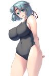  1girl arms_behind_back bangs bare_shoulders black_swimsuit blue_eyes blue_hair breasts covered_navel headband large_breasts looking_at_viewer masao nipple_bulge one-piece_swimsuit open_mouth original parted_bangs rope school_swimsuit short_hair simple_background smile standing swimsuit teeth thighs 