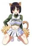  animal_ears black_hair blush body_blush breasts brown_eyes cat_ears cat_tail cheerleader covered_nipples ecchi embarrassed erect_nipples etou_toshiko female hand_on_hip kneeling kyougoku_shin large_breasts looking_at_viewer midriff navel open_mouth pom-pom pom_poms short_hair simple_background skirt skirts solo strike_witches sweatdrop tail taut_clothes taut_shirt white_background 