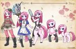 anthro apron balloons blue_eyes boots chainsaw chart chart_(mlp) claws clothing collar cutie_mark equine female friendship_is_magic hat human humanized leggings looking_at_viewer mace my_little_pony my_little_pony_generation_4 necklace pink_body pink_hair pinkamena pinkamena_(mlp) pinkie_pie pinkie_pie_(mlp) pony shepherd0821 shirt shoes shorts simple_background skirt solo tail text transformation