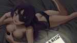  1girl ass bare_legs bare_shoulders black_panties breasts butt_crack buttons cleavage eyepatch isshin large_breasts legs long_hair looking_at_viewer lying minene_uryuu mirai_nikki murata_isshin on_stomach open_mouth panties panties_only purple_eyes purple_hair solo switch topless underwear underwear_only uryuu_minene 