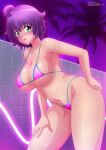  1girl absurd_res big_breasts bikini blush breasts cleavage green_eyes hand_on_own_hip hand_on_own_thigh hand_on_thigh high_res leaning_forward looking_at_viewer navel open_mouth original purple_hair short_hair swimsuit thick_thighs thighs thong_bikini under_boob yukino_akaihi yukino_memories zel-sama 