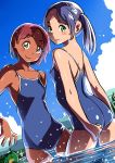  2_girls 2girls adjusting_clothes adjusting_swimsuit blush blush_stickers breasts dark_skin flat_chest green_eyes kappa long_hair looking_at_viewer looking_back multiple_girls naav original outdoors pink_hair purple_hair short_hair short_twintails small_breasts smile swimsuit thigh_gap thighs twin_tails twinpoo twintails water yellow_eyes 