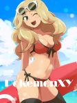  1girl :d ;d beach bikini black_legwear blonde_hair blue_eyes breasts brown_eyes brown_hair cleavage cloud clouds copyright_name creatures_(company) front-tie_top game_freak glasses humans_of_pokemon ikeshita_moyuko large_breasts light-skinned_female long_hair navel nintendo no_hat no_headwear ocean one_eye_closed open_mouth pokemon pokemon_(anime) pokemon_(game) pokemon_xy serena_(pokemon) shiny shiny_skin side-tie_bikini skindentation sky smile solo sunglasses sunglasses_on_head surfboard swimsuit text thighhighs water wink 
