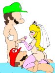  1girl 2boys anal anal_penetration anal_sex big_ass big_breasts cowboy_shot faceless_male girl_on_top hand_on_penis luigi mario mario_(series) princess_peach thick_thighs 