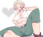  1girl :d angry ankle_boots armpits bare_shoulders belly belly_poke blonde_hair boots breasts breasts_apart breath camera capri_pants cellphone cellphone_camera cleavage covered_nipples crop_top crotch erect_nipples glint green_eyes gym_leader heart holding huge_breasts kawaisou knees large_breasts legs looking_at_viewer midriff nail_polish naughty_face navel nintendo nipples open_mouth pants phone plump pokemon pokemon_(game) pokemon_xy shadow shirt shoes short_hair silver_hair simple_background sitting smile solo spread_legs sweat tank_top taut_clothes viola_(pokemon) white_background white_shirt 