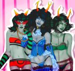  3girls black_hair breasts girls homestuck horns kanaya_maryam lingerie multiple_girls navel panties striped terezi_pyrope vriska_serket 