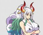  1girl ahoge animated bare_shoulders big_breasts blue_hair bocodamondo bouncing_breasts breasts cleavage clothing curled_horns earrings female female_only flashing green_hair hair_ornament hair_stick high_ponytail horns huge_breasts jewelry kanabo long_hair mp4 multicolored_hair multicolored_horns nipples no_audio one_piece open_clothes open_mouth orange_eyes ponytail red_horns shimenawa shirt short_sleeves simple_background sleeveless sleeveless_shirt solo_female sweat tied_hair undressing upper_body v-shaped_eyebrows very_long_hair video wafuku webm white_hair yamato_(one_piece) 