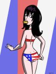 4th_of_july american_flag_bikini bikini bikini_pull black_eyes black_hair food hot_dog kristin_(sym-bionic_titan) long_hair looking_back looking_down print_bikini solo sym-bionic_titan zoda-x_(artist)
