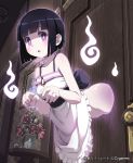  1girl :o bad_id bare_shoulders black_hair blush bottomless door flower ghost hitodama lena_(zoal) looking_at_viewer painting_(object) purple_eyes shingeki_no_bahamut short_hair solo table through_wall vase 