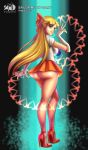  1_girl 1girl aino_minako ass bishoujo_senshi_sailor_moon blonde blonde_hair blue_eyes clothed elbow_gloves female female_only gloves hair_bow high_heels long_blonde_hair long_hair looking_at_viewer minako_aino orange_high_heels orange_skirt sailor_moon sailor_venus serafuku short_skirt skirt solo standing 