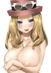  1girl areolae arm_crossed arms_crossed big_breasts blonde_hair blue_eyes blush breast_hold breasts cleavage crossed_arm crossed_arms female goggles hat huge_breasts large_breasts licking_lips lip_licking long_hair looking_at_viewer mu-nyako naughty_face nintendo nipples nude pokemon pokemon_(game) pokemon_xy serena serena_(pokemon) simple_background solo tongue tongue_out topless upper_body white_background 