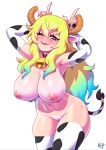  1girl 1girl animal_costume animal_ears armpits arms_up big_breasts blonde_hair blue_hair breasts collar cow_costume curvaceous high_resolution huge_breasts kajin_(kajinman) long_hair looking_at_viewer miss_kobayashi&#039;s_dragon_maid nipples one_eye_closed quetzalcoatl_(dragon_maid) simple_background stockings watermark white_background wide_hips yellow_pupils 
