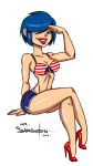  2013 4th_of_july american_flag_bikini bikini black_eyes blue_hair breasts cleavage ed,_edd,_&#039;n&#039;_eddy freckles high_heels kanker_sisters lipstick long_hair marie_kanker mrsamson00_(artist) print_bikini red_lipstick shiny shiny_skin shorts smile solo 