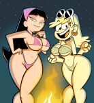  2_girls beach bikini black_eyes black_hair blonde_hair blue_hair breasts campfire crossover curvy eyewear_on_head grimphantom hot leni_loud long_hair looking_at_viewer smile sunglasses sunglasses_on_head teen the_fairly_oddparents the_loud_house trixie_tang young_adult 