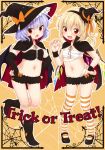  2girls :d :o alternate_costume asymmetrical_hair bandage bandages bat_wings blonde_hair bloomers blue_hair blush boots cape cover cover_page elbow_gloves english fang female flandre_scarlet flat_chest gloves hair hairband halloween hands_on_hips hat hat_ribbon headgear highres looking_at_viewer mary_janes multiple_girls navel open_mouth red_eyes remilia_scarlet ribbon sarashi shoes siblings side_ponytail silk sisters small_breasts smile spider spider_web stockings striped striped_legwear thighhighs touhou trick_or_treat underwear wings witch_hat yukiu_kon 