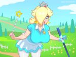 1girl 4:3_aspect_ratio animated bangs blonde_hair blue_eyes blue_gloves blue_shirt blue_skirt blue_sky bouncing_breasts breasts cleavage closed_mouth clothing cloud covered_erect_nipples crown dirt_road earrings eyelashes female fence floating flower gloves golf golf_club golf_course gradient gradient_shirt hair_over_one_eye hands_up hanging_breasts hard-degenerate headwear holding holding_golf_club holding_wand jewelry large_breasts large_filesize legwear levitation lips long_hair looking_down mario_(series) mario_golf mario_golf:_super_rush nail_polish nintendo no_audio outdoors outstretched_arms pantyhose polo_shirt princess_rosalina purple_nails road rosalina shiny shiny_hair shirt short_sleeves single_glove skirt sky smile solo star star_(symbol) star_earrings star_pin swinging_breasts telekinesis thick_lips tree video wand webm white_legwear white_shirt white_skirt wooden_fence