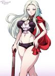  1girl arms bare_arms bare_legs breasts cleavage edelgard_von_hresvelg fire_emblem fire_emblem:_three_houses hand_on_hip holding holding_weapon lips long_hair looking_at_viewer midriff mina_cream minacream navel nintendo silver_eyes simple_background tagme thick thick_thighs thighs video_game_character video_game_franchise weapon white_background white_hair 