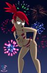  4th_of_july american_flag_bikini bigtyme bikini black_eyes breasts cleavage fireworks foster&#039;s_home_for_imaginary_friends frankie_foster ponytail print_bikini red_hair solo 