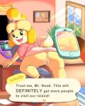  1girl 1girl 2020 4:5 absurd_res animal_crossing anthro anus ass bell black_nose blonde_hair breasts canid canine canis chair clothing computer day detailed_background dialogue diploma domestic_dog english_text footwear furniture furry genitals hair high_res inside isabelle_(animal_crossing) laptop looking_at_viewer mammal nintendo office_chair phone presenting presenting_hindquarters pussy shoes smile teenagebratwurst text video_games window 