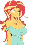  1girl bare_shoulders big_breasts blue_dress blue_eyes breasts cleavage clothed dress equestria_girls female friendship_is_magic half-closed_eyes humanized jewelry large_breasts long_hair looking_at_viewer multicolored_hair my_little_pony necklace off_shoulder orange_skin red_hair reiduran simple_background sunset_shimmer sunset_shimmer_(eg) text two-tone_hair yellow_hair 