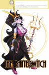 1girl big_breasts black_hair breasts cleavage female hair homestuck horns huge_breasts long_hair standing text the_batterwitch the_condesce trident 