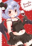  1girl alternate_costume bat_wings black_gloves black_legwear blue_hair blush bracelet bustier character_name cup drinking_glass elbow_gloves fang female glass gloves hair_ornament hairclip hat holding jewelry midriff mini_hat mini_top_hat navel open_mouth red_eyes remilia_scarlet short_hair skirt solo stockings strap_slip thighhighs top_hat touhou wine_glass wings yukiu_kon zettai_ryouiki 